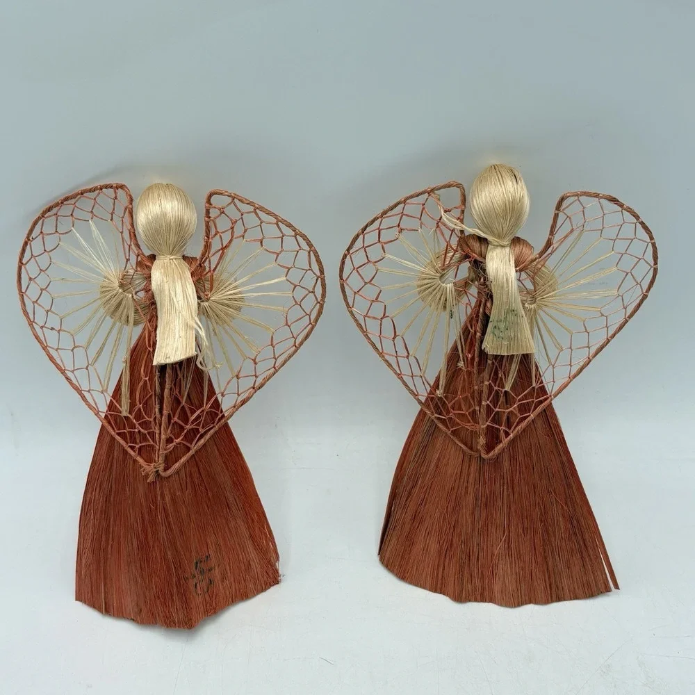Vintage Corn Husk Angel Ornaments Lot 2 Handmade Folk Art Christmas 9.5